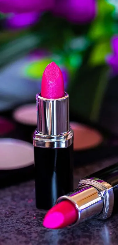 Vibrant pink lipstick with flowers on background