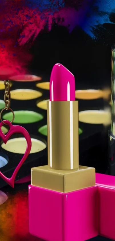 Vibrant phone wallpaper with pink lipstick and makeup.
