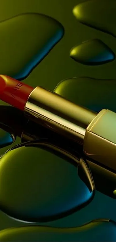 Artistic wallpaper featuring a vibrant lipstick on a glossy olive background.