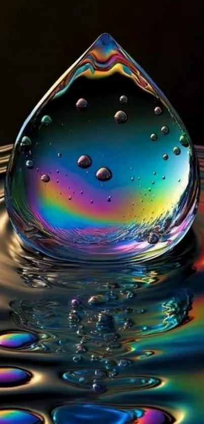 Abstract liquid with rainbow hues and droplets, vibrant artistic wallpaper.