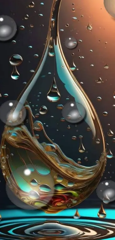 Artistic liquid droplet on dark background with orange glow.