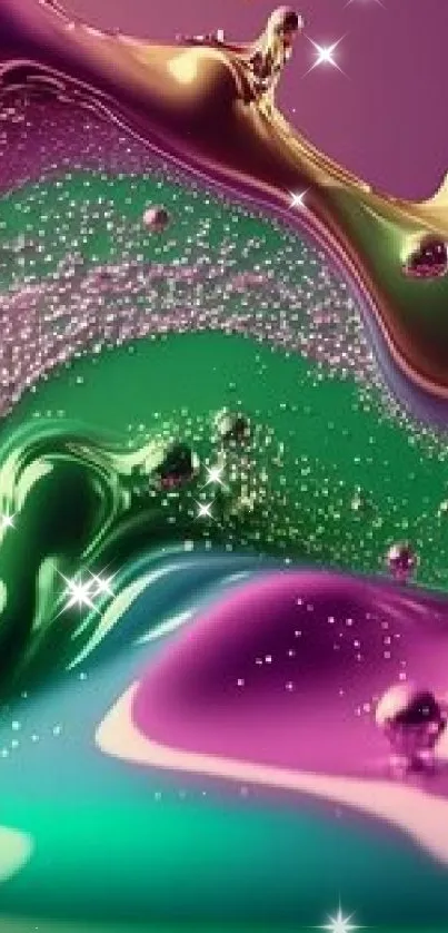 Vibrant abstract liquid art with purple and green splashes.