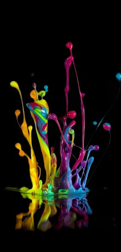 Neon liquid splash abstract art on black background, vibrant mobile wallpaper.