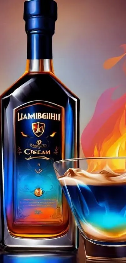 Vibrant liquor bottle with artistic flames.