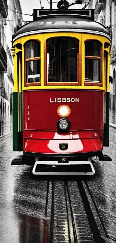 Colorful Lisbon tram on a rainy street reflecting city lights.