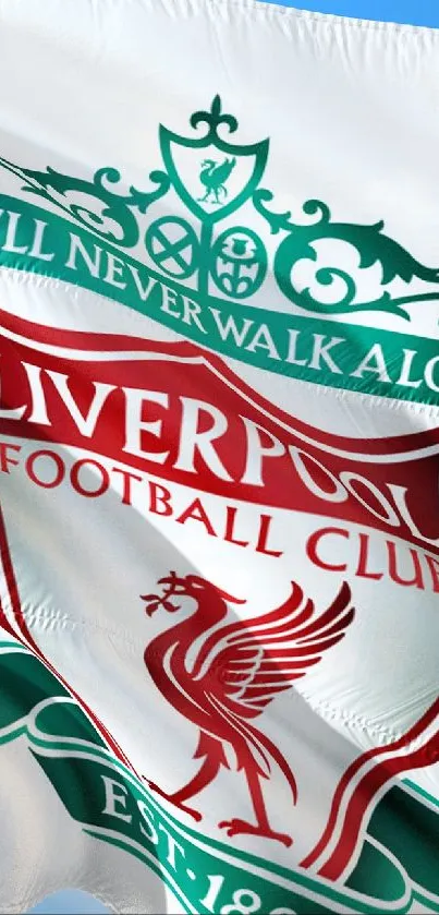 Liverpool FC flag wallpaper with club emblem on white background.