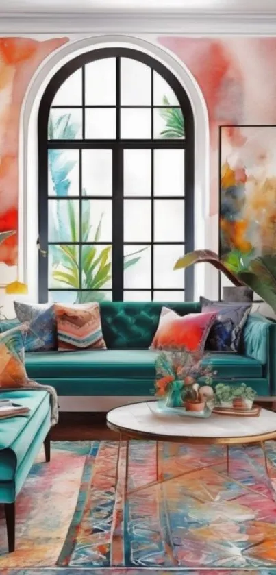 Colorful living room wallpaper with abstract art and lush plants.