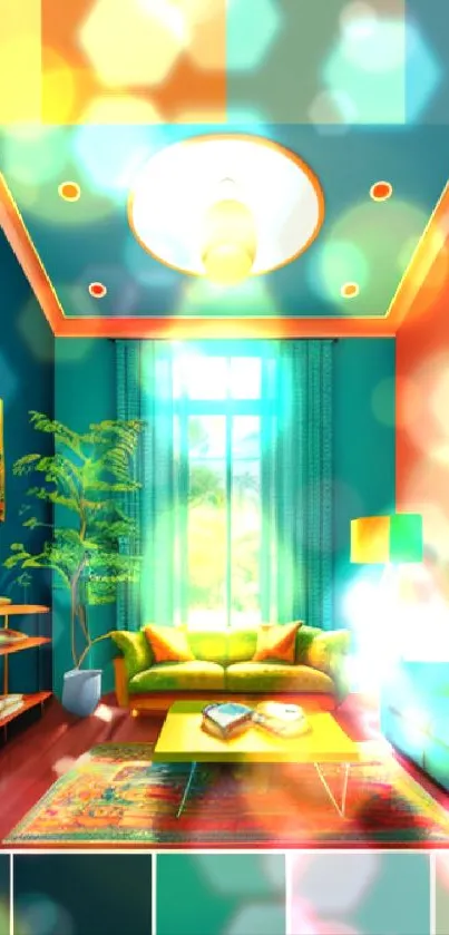 Vibrant living room with teal and orange accents, modern decor style.