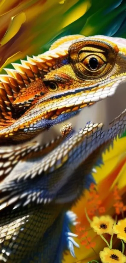 Vibrant artwork of a lizard with a colorful background, featuring flowers and abstract design.