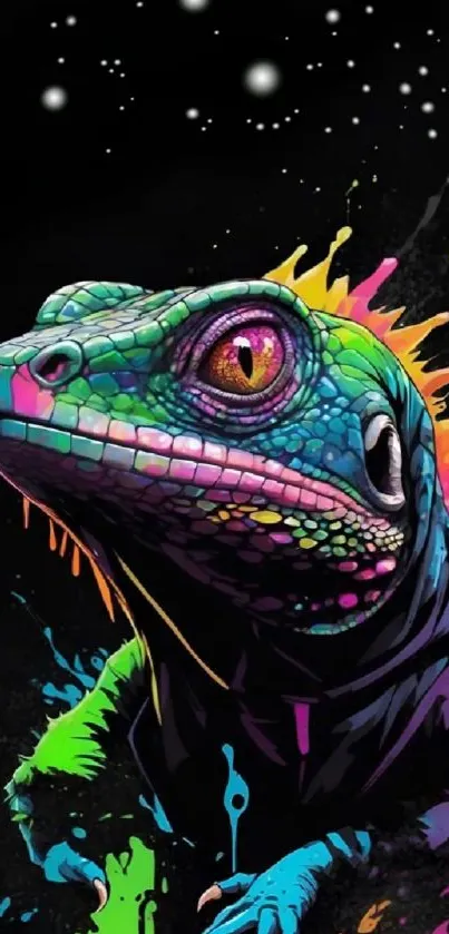 Vibrant lizard with cosmic backdrop in colorful art style.