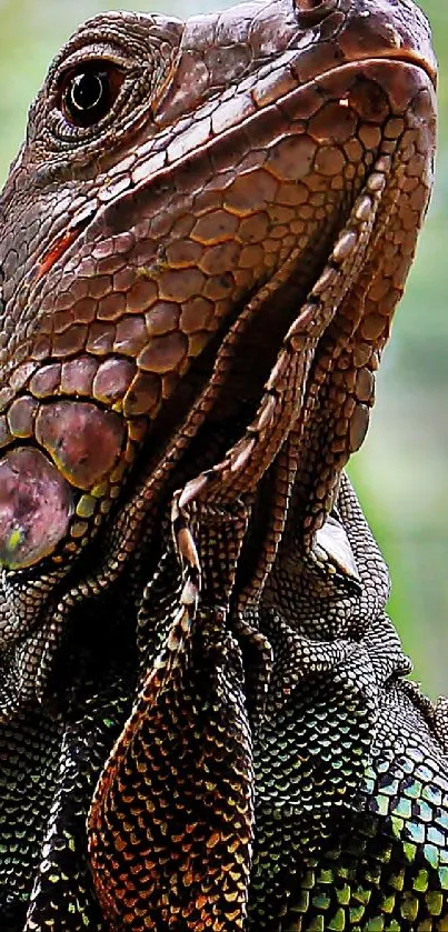 Close-up of a colorful lizard in a natural green habitat.