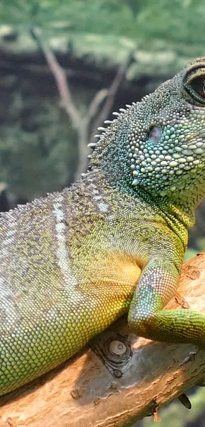 Close-up of a vibrant green lizard perched on a branch in nature.