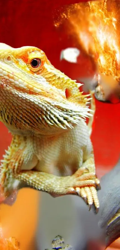 Bearded dragon with fiery background art.