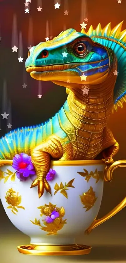 Vibrant lizard perched in a decorative teacup with colorful, intricate details.