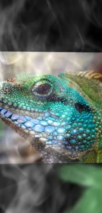 Vibrant green lizard with smoky background wallpaper.