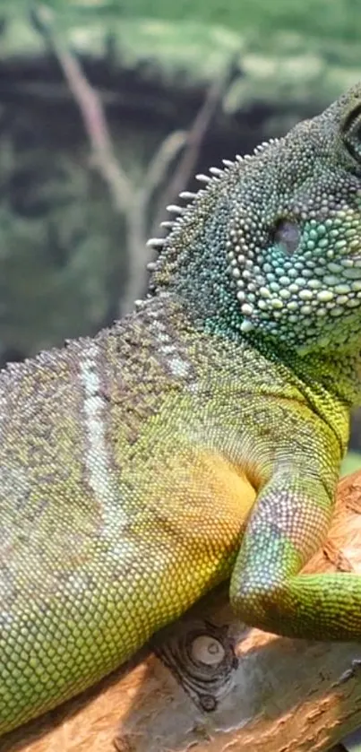 Close-up of green lizard on a branch with blurred background.