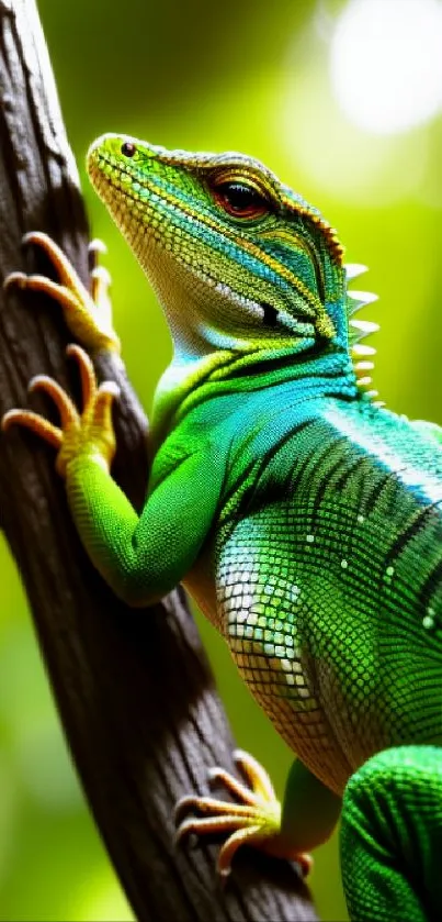 Vibrant green lizard on a tree branch with blurred nature background.