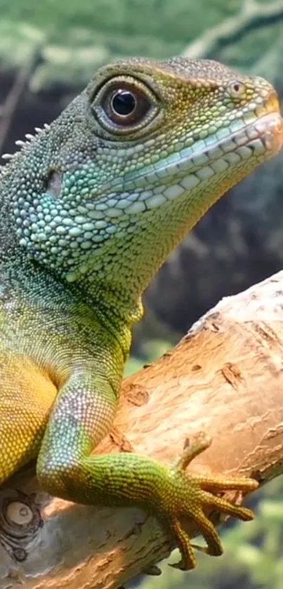 Green lizard on a tree branch against a natural background.