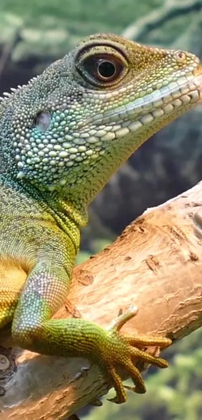 Close-up of a vibrant lizard on a branch.