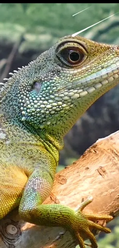 Green lizard perched on a brown branch with a forest background.