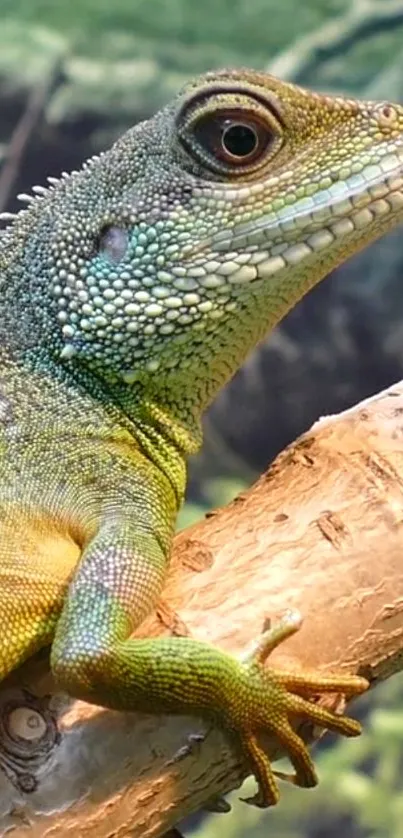 Close-up of a vibrant lizard on a branch, showcasing natural colors.