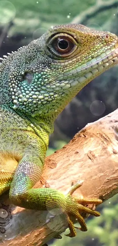 Vibrant green lizard perched on a wooden branch with a blurred background.