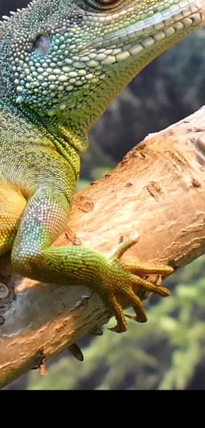 Vibrant green lizard resting on a branch in a forested background.