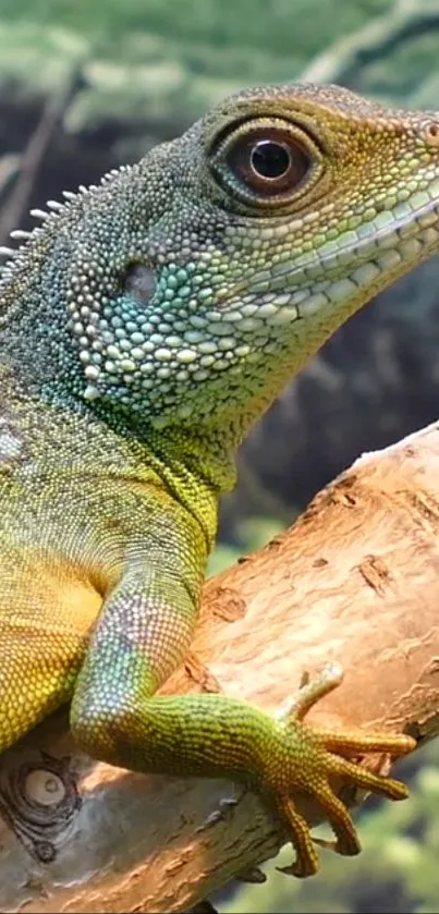 Vibrant lizard perched on a wooden branch in nature.