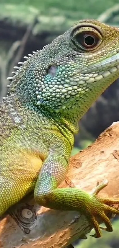 Close-up of a vibrant green lizard resting on a branch in nature.