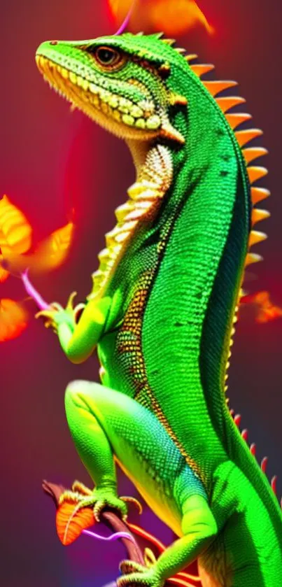 Green lizard on a vibrant backdrop with colorful autumn leaves.