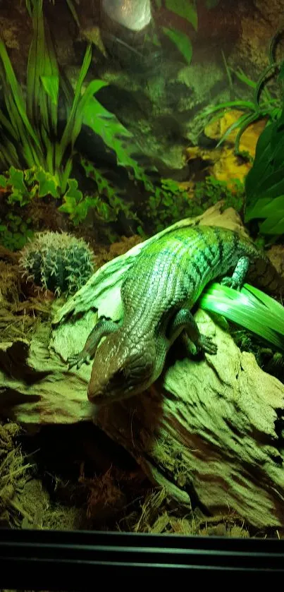 A colorful lizard rests on wood surrounded by lush green plants.