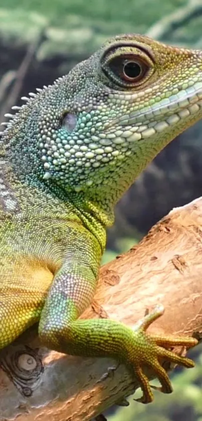 Green lizard on a tree branch in a natural setting mobile wallpaper.