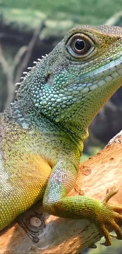 A colorful lizard rests on a tree branch, showcasing vibrant green tones.