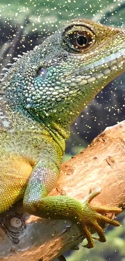 Green lizard on a wooden branch with speckled background.