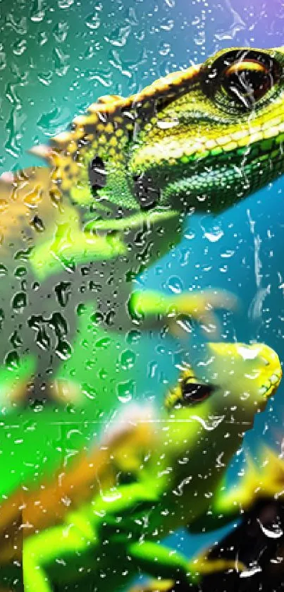 Raindrop-covered vibrant green lizard wallpaper.