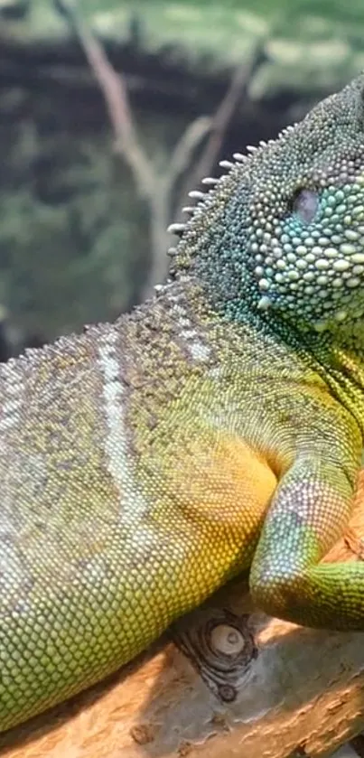 Colorful lizard perched on a branch with a textured green backdrop.