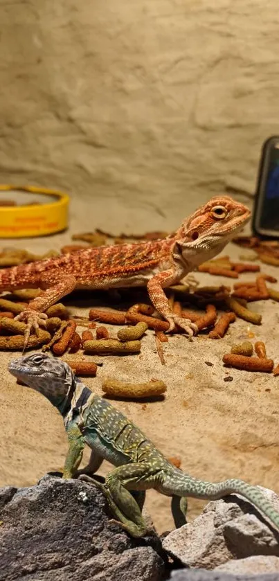 Lizard on stones with reptile food and terrarium setup.