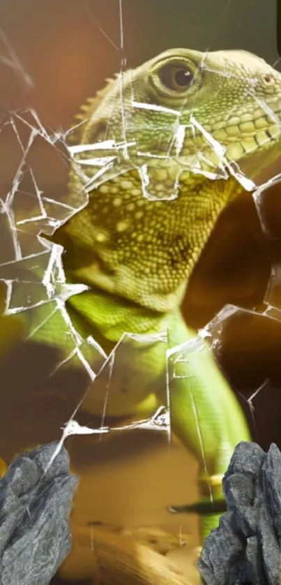 Vibrant green lizard with shattered glass effect and rocky textures.