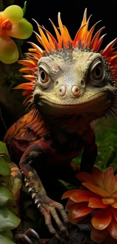 Colorful lizard with orange spikes amidst green foliage and flowers.