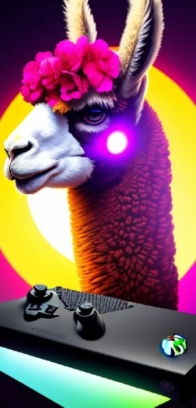 Llama wearing flowers with gaming console in vibrant colors.