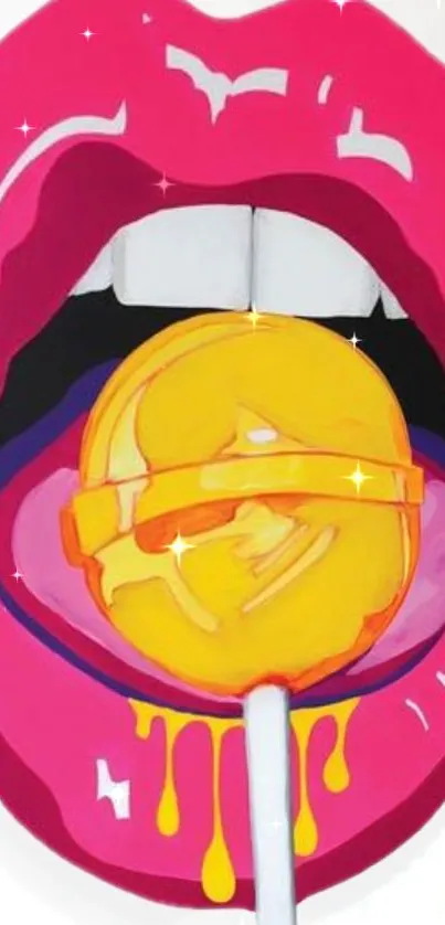 Vibrant pop art design with pink lips and a yellow lollipop.