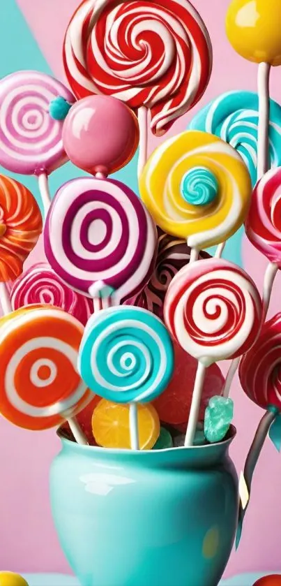 Colorful lollipop bouquet with vibrant spirals in teal vase.