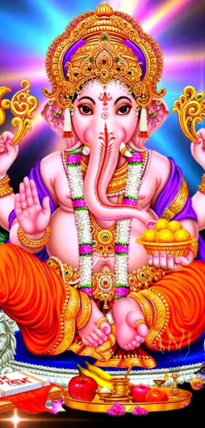 Vibrant Lord Ganesha art mobile wallpaper with colorful elements.