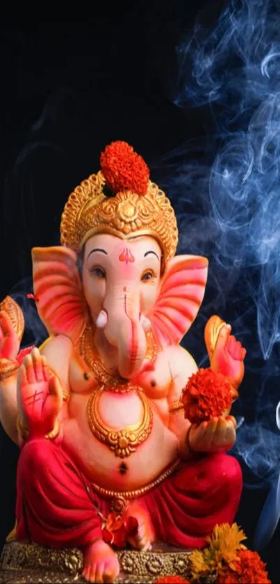 Vibrant Lord Ganesha idol with smoke.