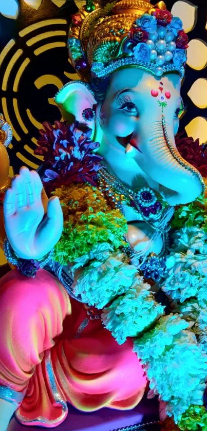 Vibrant Lord Ganesha statue with colorful garlands.