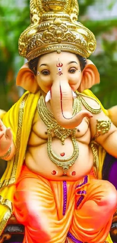 Vibrant image of Lord Ganesha with gold background and colorful attire.