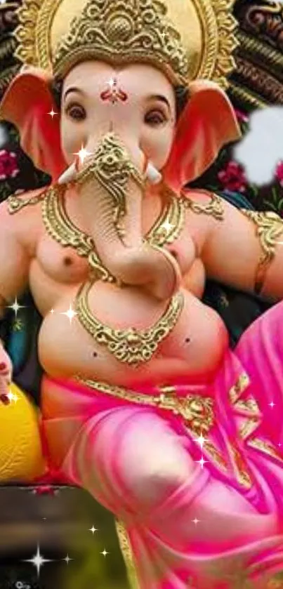 Vibrant illustration of Lord Ganesha in pink and gold hues.