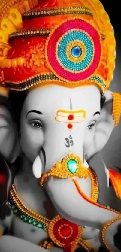 Colorful depiction of Lord Ganesha in vibrant traditional attire.