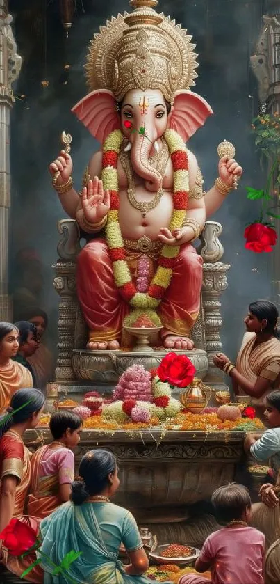 Colorful Lord Ganesha with devotees in temple scene.