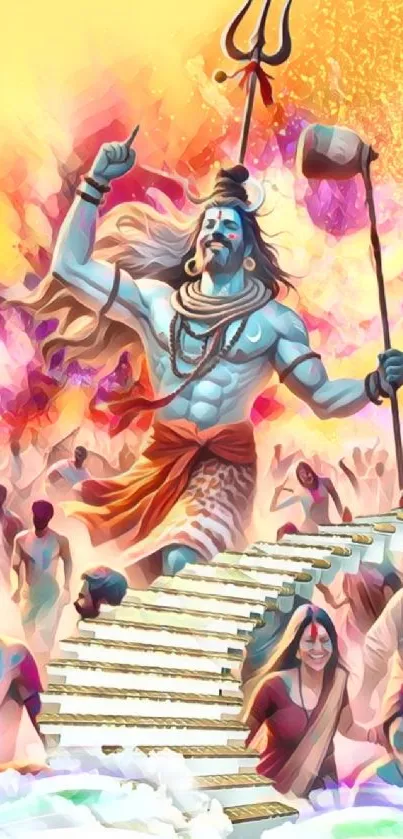 Vibrant artistic depiction of Lord Shiva with stairs in colorful hues.